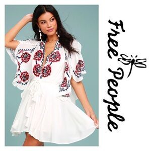 Free People White and Red Embroidered Mini Dress